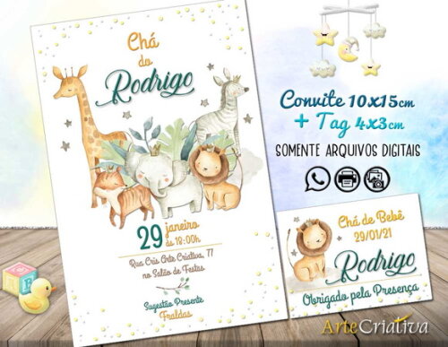 CONVITE DIGITAL C/TAG Chá de bebê Menino Animais Safari