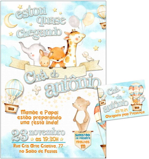 CONVITE DIGITAL C/TAG Chá de bebê Menino Animais 4