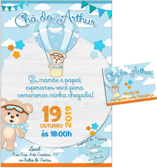 CONVITE DIGITAL C/TAG Chá de bebê Menino Ursinho Balão