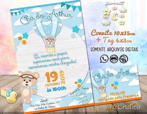 CONVITE DIGITAL C/TAG Chá de bebê Menino Ursinho Balão