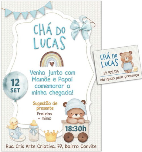 Convite Digital C/tag Chá de Bebê Menino Ursinho Fofo