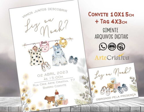 Convite Digital C/tag Chá de Bebê Revelação Boho
