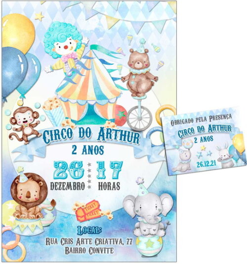 CONVITE DIGITAL C/TAG Circo Aquarela Azul Menino