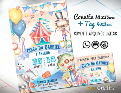CONVITE DIGITAL C/TAG Circo Aquarela Menino