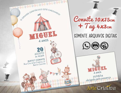 Convite Digital C/tag Circo Aquarela Menino 17