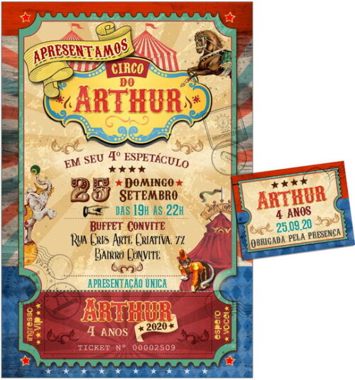 CONVITE DIGITAL C/TAG Circo Ingresso Vintage