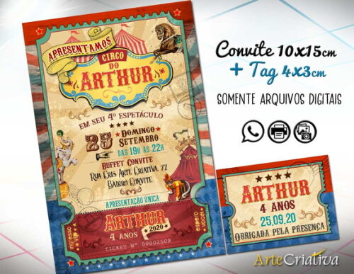 CONVITE DIGITAL C/TAG Circo Ingresso Vintage