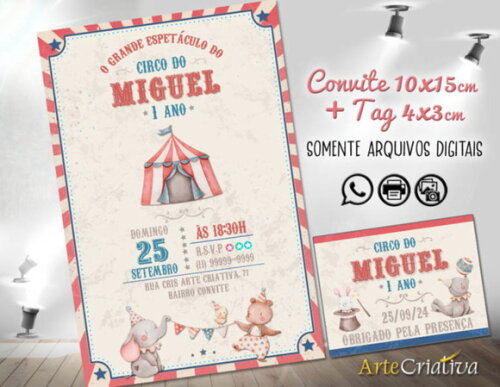 Convite Digital C/tag Circo Vintage Bichinhos