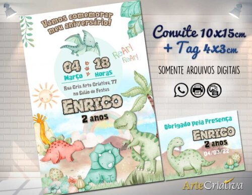CONVITE DIGITAL C/TAG Dinossauro Aquarela 7