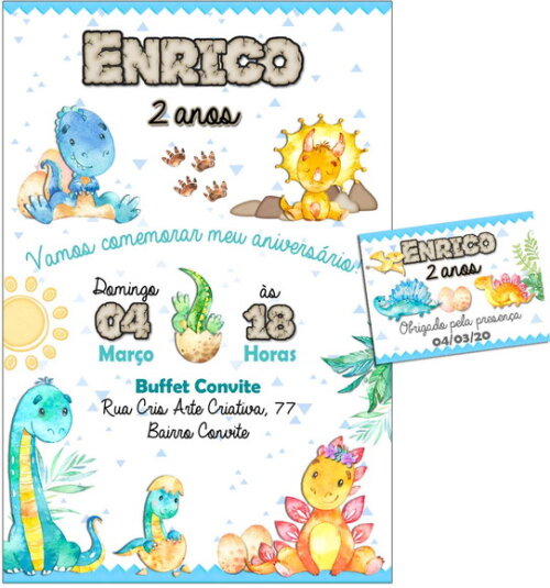 CONVITE DIGITAL C/TAG Dinossauro Aquarela Azul