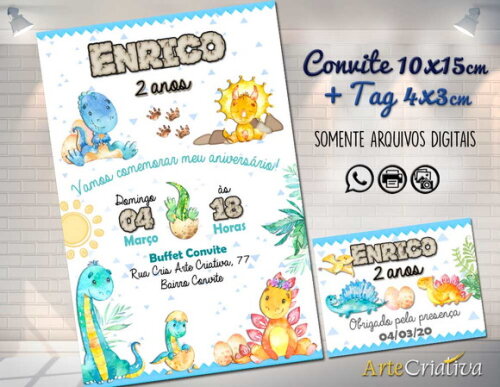 CONVITE DIGITAL C/TAG Dinossauro Aquarela Azul