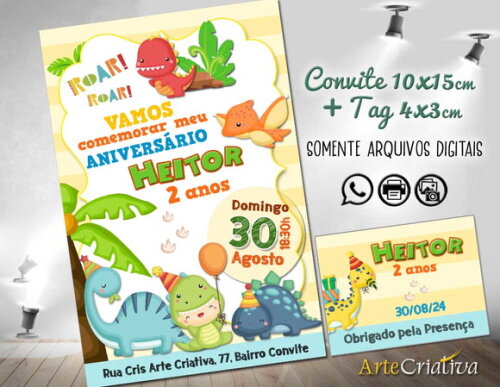 Convite Digital C/tag Dinossauro Cute 3