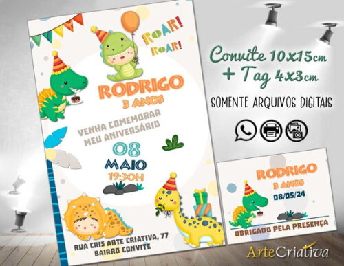 Convite Digital C/tag Dinossauro Cute 5