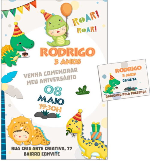 Convite Digital C/tag Dinossauro Cute 5