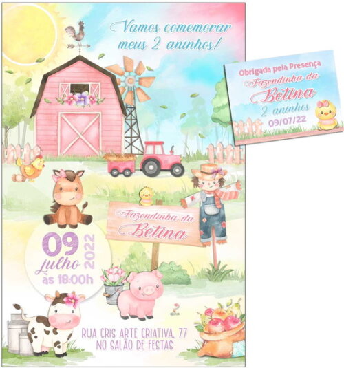 CONVITE DIGITAL C/TAG Fazendinha Candy Menina Aquarela