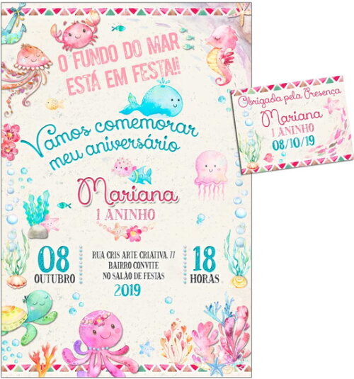CONVITE DIGITAL C/TAG Fundo do Mar Aquarela Menina