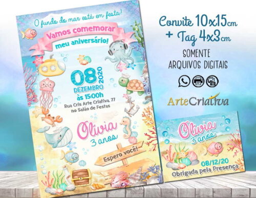 CONVITE DIGITAL C/TAG Fundo do Mar Aquarela Menina 2