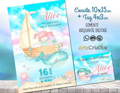 CONVITE DIGITAL C/TAG Fundo do Mar Aquarela Menina 4