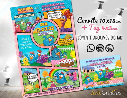 CONVITE DIGITAL C/TAG Galinha Pintadinha Gibi Menina
