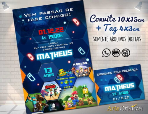 CONVITE DIGITAL C/TAG Game Nintendo