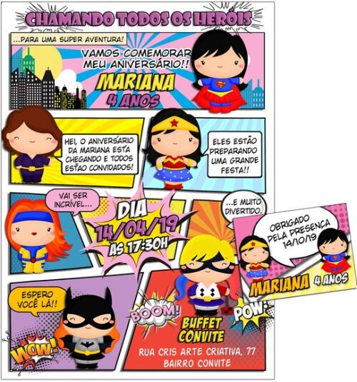 CONVITE DIGITAL C/TAG Heroinas Cute Gibi 3