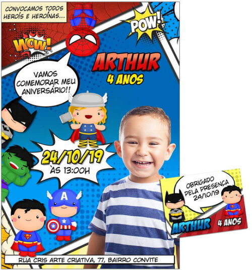 CONVITE DIGITAL C/TAG Herois Cute Gibi com Foto