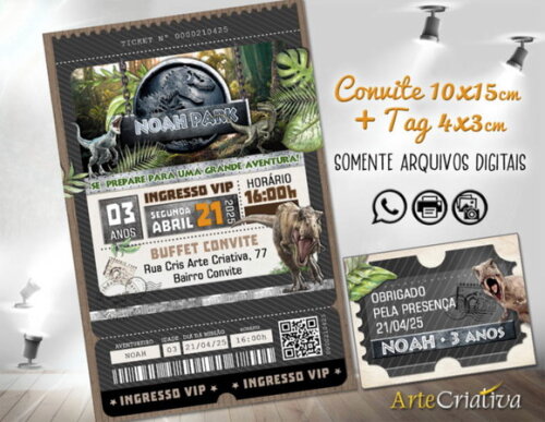 Convite Digital C/tag Ingresso Dinossauro Jurassic Park 2