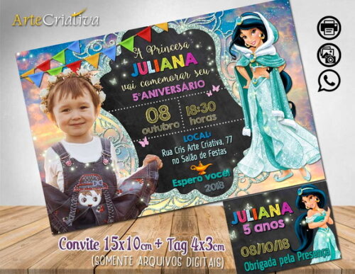 CONVITE DIGITAL C/TAG Jasmine Alladin com Foto
