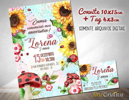 CONVITE DIGITAL C/TAG Joaninha com Girassóis Aquarela