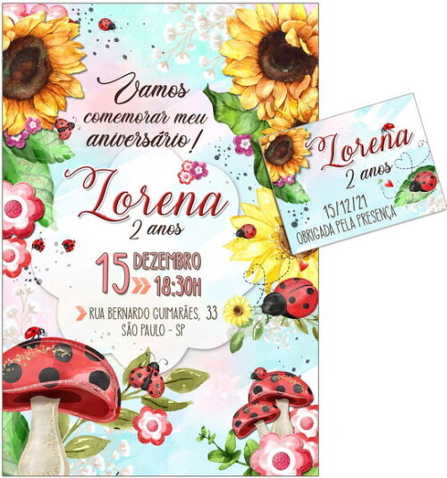 CONVITE DIGITAL C/TAG Joaninha com Girassóis Aquarela