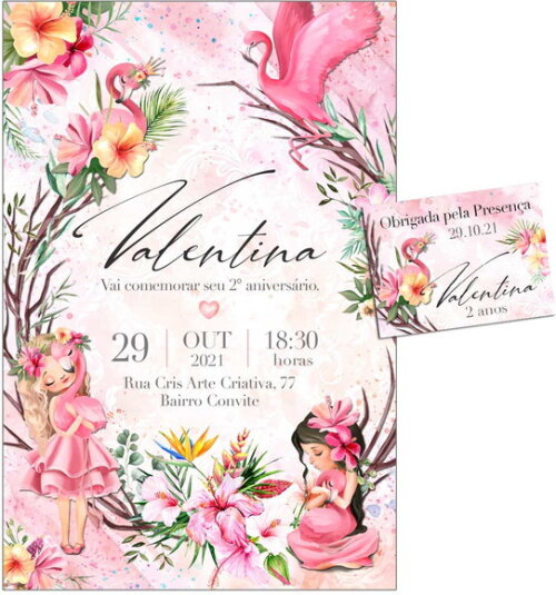 CONVITE DIGITAL C/TAG Menina Flamingos