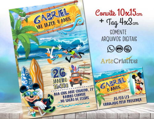 Convite Digital C/tag Mickey Mouse Praia 2