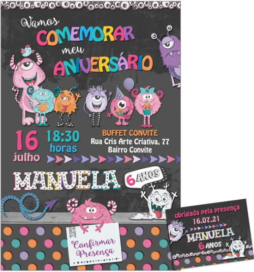 CONVITE DIGITAL C/TAG Monstrinhos Menina 3