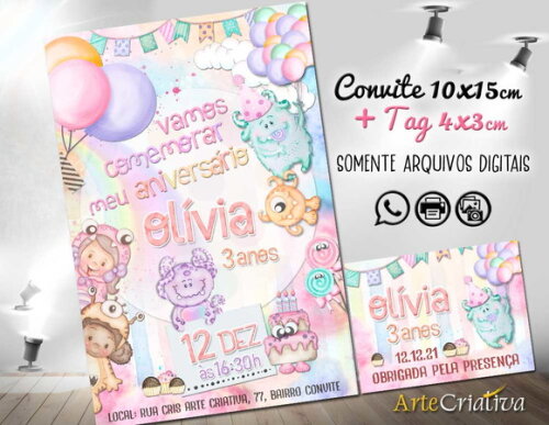CONVITE DIGITAL C/TAG Monstrinhos Menina Aquarelado 1
