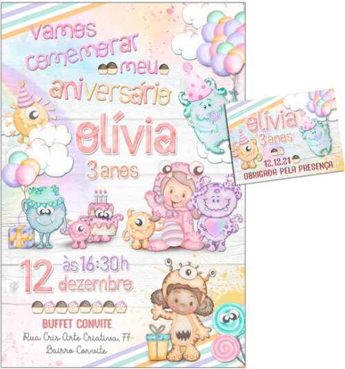 CONVITE DIGITAL C/TAG Monstrinhos Menina Aquarelado 3