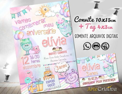 CONVITE DIGITAL C/TAG Monstrinhos Menina Aquarelado 2