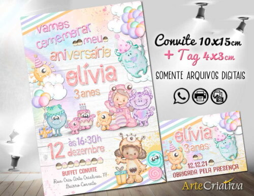 CONVITE DIGITAL C/TAG Monstrinhos Menina Aquarelado 3