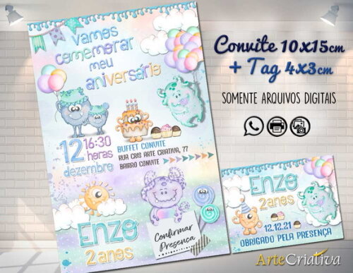 CONVITE DIGITAL C/TAG Monstrinhos Menino Aquarelado 1