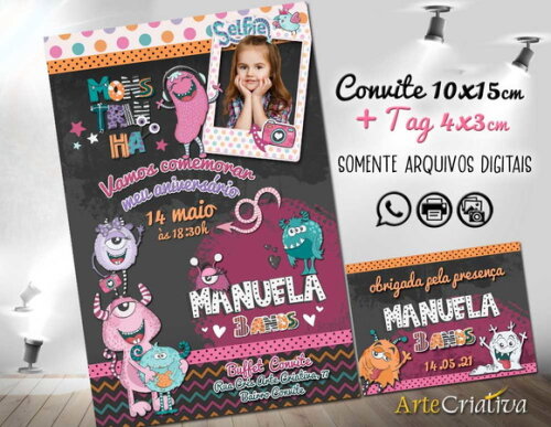 CONVITE DIGITAL C/TAG Monstrinhos Menina1