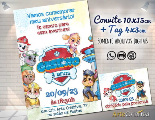 Convite Digital C/tag Patrulha Canina Aquarela 2