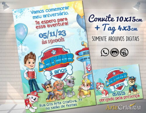 Convite Digital C/tag Patrulha Canina Aquarela