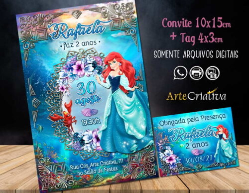 CONVITE DIGITAL C/TAG Pequena Sereia Ariel Luxuosa