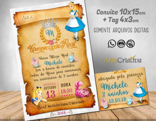 CONVITE DIGITAL C/TAG Pergaminho Alice Pais das Maravilhas
