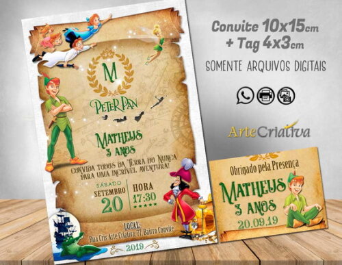 CONVITE DIGITAL C/TAG Pergaminho Peter Pan