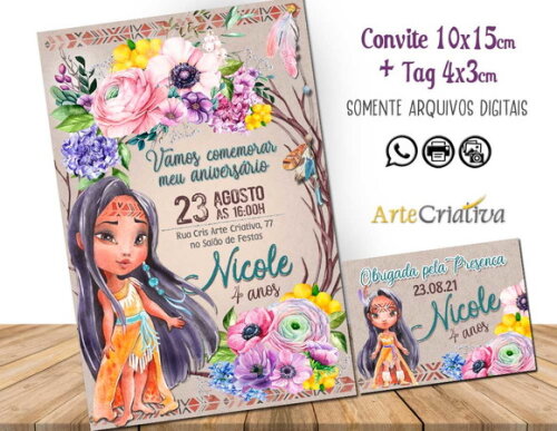 CONVITE DIGITAL C/TAG Pocahontas Aquarela