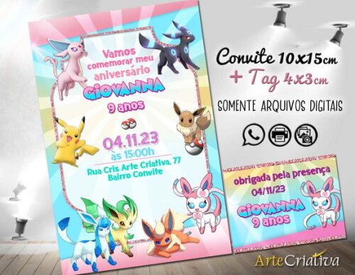 Convite Digital C/tag Pokemon Menina