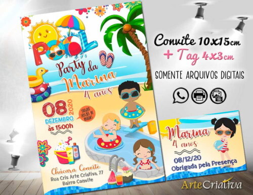 CONVITE DIGITAL C/TAG Pool Party Menina 3