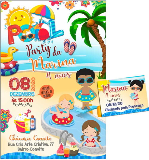 CONVITE DIGITAL C/TAG Pool Party Menina 3