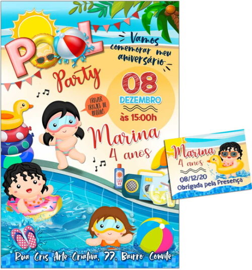 CONVITE DIGITAL C/TAG Pool Party Menina 4