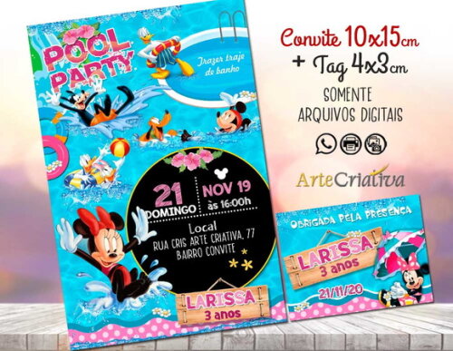 CONVITE DIGITAL C/TAG Pool Party Minnie 3